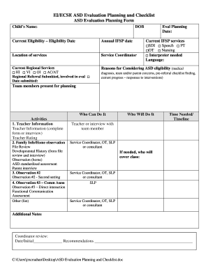 ASD Evaluation Planning Checklist