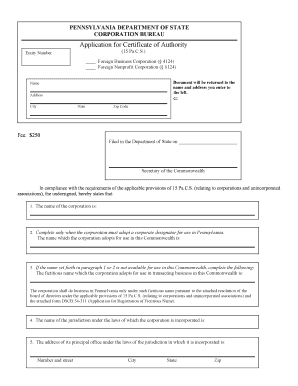 Pennsylvania Application for Certificate of Authority