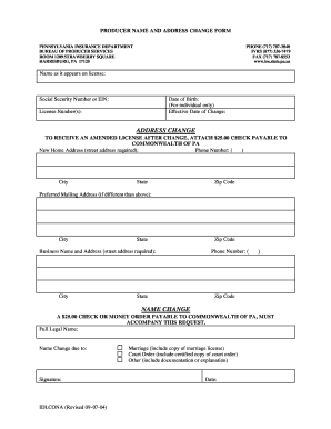Pennsylvania Producer Name and Address Change Form