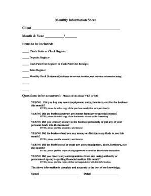 Monthly Business Financial Information Sheet