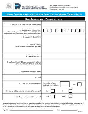 Senior Citizen's Application for Discount on Water/Sewer Rates