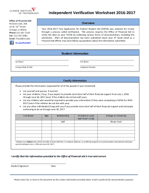 Independent Verification Worksheet 2016-2017