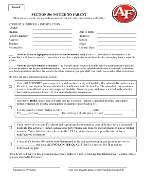 Section 504 Notice to Parent