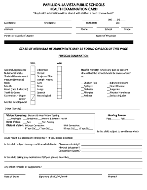 Papillion-La Vista Public Schools Health Examination Card