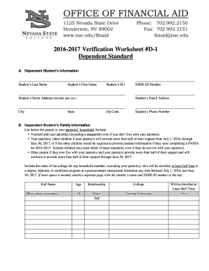 2016-2017 Verification Worksheet D-1