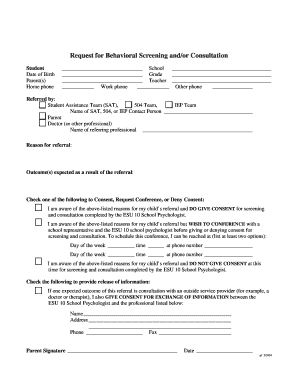 Request for Behavioral Screening and/or Consultation