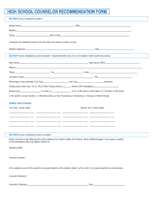 High School Counselor Recommendation Form