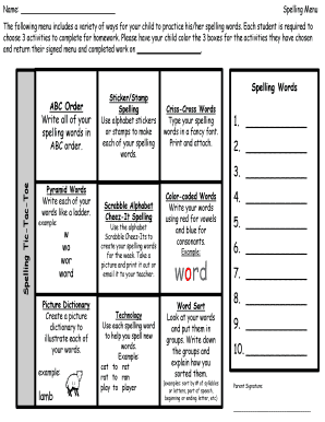 Spelling Homework Menu