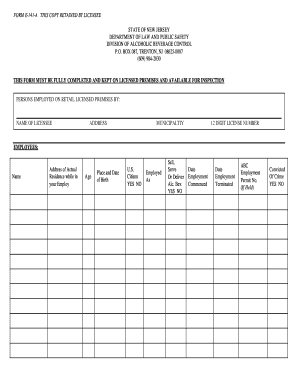 New Jersey Alcohol Beverage Employee Form