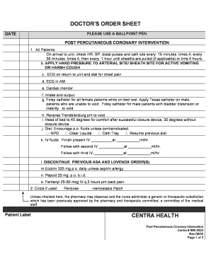 Doctor's Order Sheet for Post Percutaneous Coronary Intervention