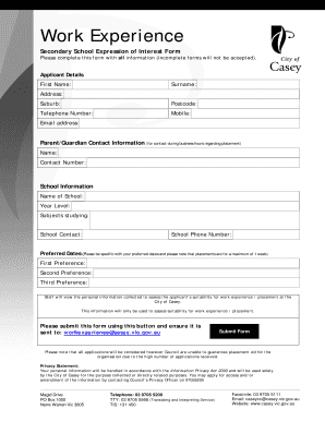 Secondary School Work Experience Application Form