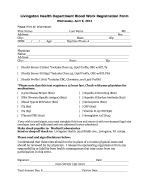 Livingston Health Blood Work Registration Form