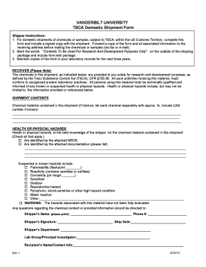 TSCA Domestic Shipment Form
