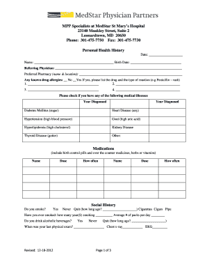 Personal Health History Form