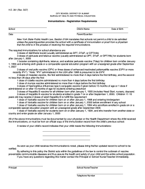 New York School Immunization Registration Form