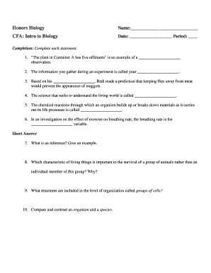 Honors Biology Worksheet