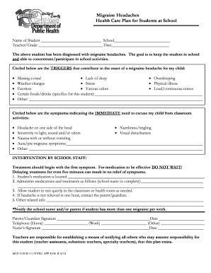 Student Migraine Headache Health Care Plan