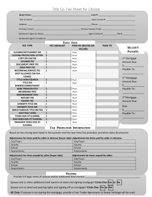 Title Company Fee Sheet for Closing