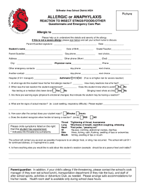 Allergic Reaction Questionnaire and Emergency Care Plan