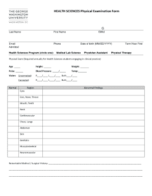 Health Sciences Physical Examination Form