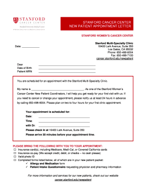 STANFORD CANCER CENTER NEW PATIENT APPOINTMENT LETTER