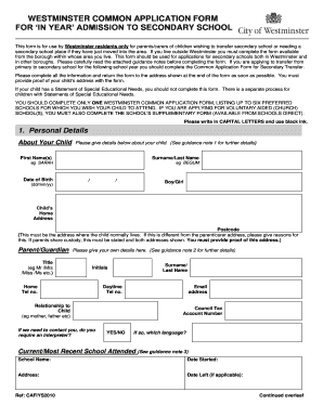 Westminster Common Application Form for Secondary School Admission