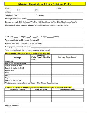 Stanford Hospital Nutrition Profile Form