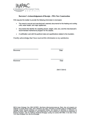 Borrower’s Acknowledgement of Receipt – FHA New Construction