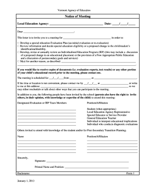 Vermont Special Education Meeting Notice