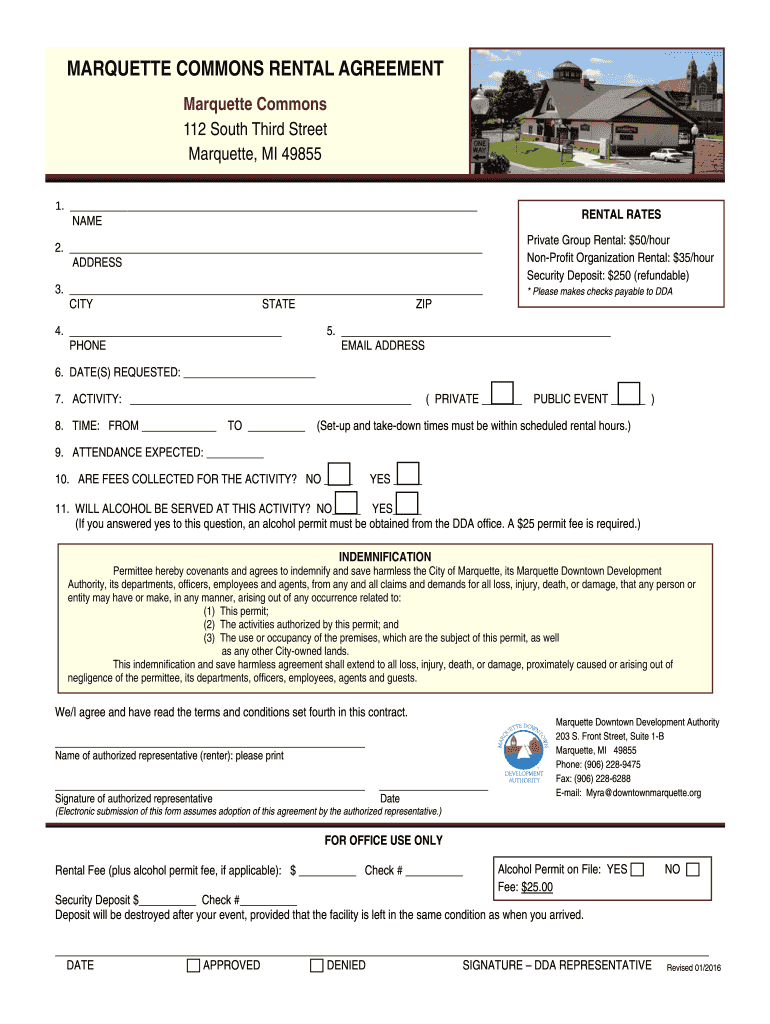 Fillable Online downtownmarquette Marquette Commons Rental Agreement