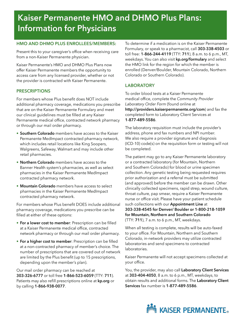 Fillable Online Kaiser Permanente HMO and DHMO Plus Plans Fax Email
