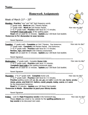 Homework Assignments Weekly Plan