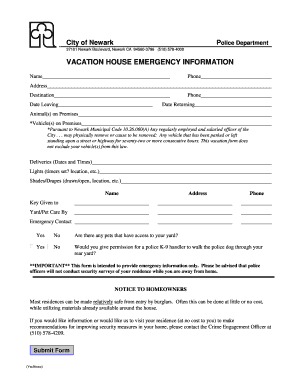 Newark Vacation House Emergency Information