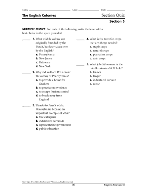 The English Colonies Section Quiz