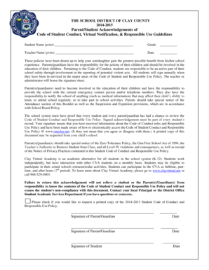 Clay County Student Conduct Acknowledgment Form