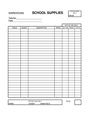 Warehouse School Supplies Order Form