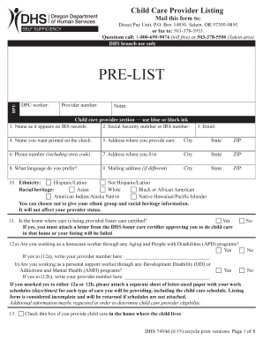 Oregon Child Care Provider Listing Form
