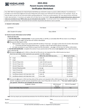 2015-2016 Parent Income Verification Worksheet