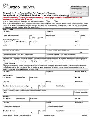 Request for Prior Approval for Full Payment of Insured Out-of-Province Health Services