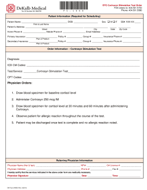 Cortrosyn Stimulation Test Order Form