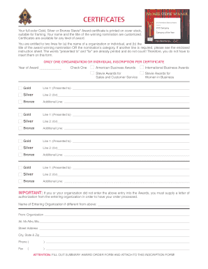 Stevie Award Certificate Request Form