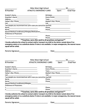 Niles West High School Athletic Emergency Card