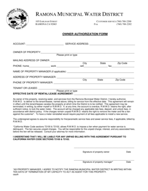 Ramona Municipal Water District Owner Authorization Form