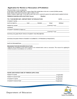 Application for Review or Revocation of Prohibition