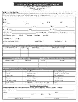 KUMC Student Health Record Form
