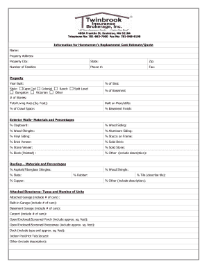 Homeowner's Replacement Cost Estimate Form