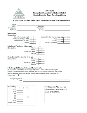 Manhattan Beach Unified School District Health Benefits Open Enrollment Form