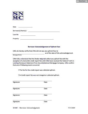 Borrower Acknowledgement of Upfront Fees