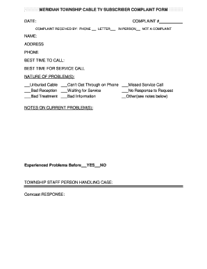 Meridian Township Cable TV Subscriber Complaint Form