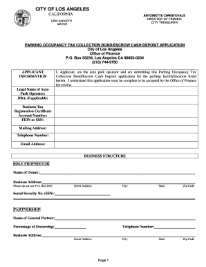 Parking Occupancy Tax Collection Bond/Escrow Cash Deposit Application